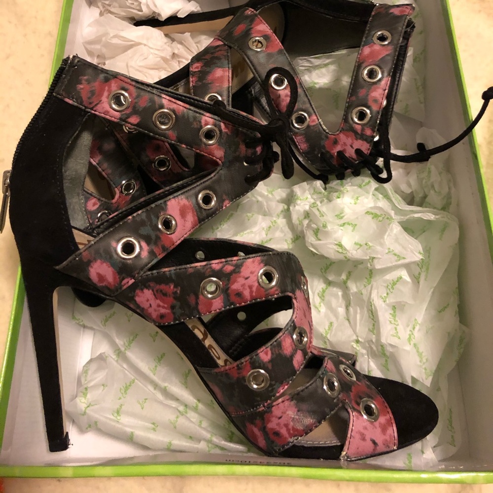 Black and floral strappy heels
